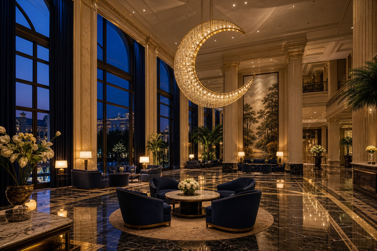 Grand lobby of a SecretMoonPL casino hotel with a crescent chandelier