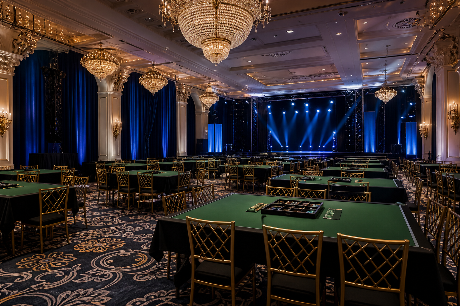 Grand ballroom prepared for a SecretMoonPL table games tournament