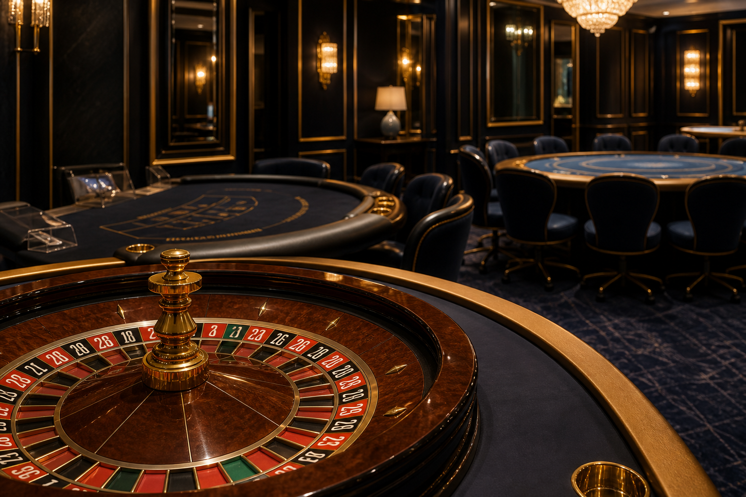 Close view of roulette, blackjack, and poker tables in a SecretMoonPL salon